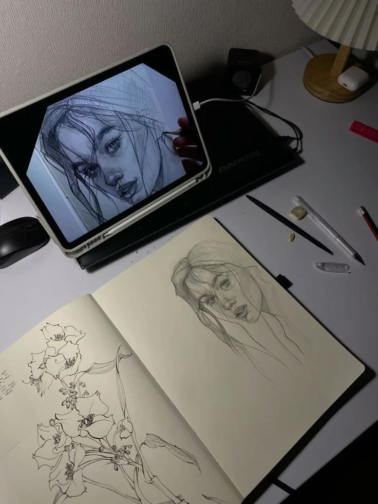 Retrato en proceso, tablet y cuaderno